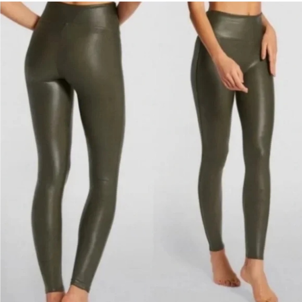 Spanx Active Booty Boost Faux Leather Leggings in Olive‎ Green S Full Length A29
